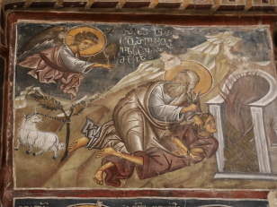 აბრაამის მსხვერპლშეწირვა <br> 
ჩრდილო-აღმოსავლეთის ბურჯის სამხრეთი წახნაგი, XVI საუკუნე. ქეთევან ასათიანის ფოტო, 2026 წელი. <br>
Sacrifice of Abraham <br>
South face of the northeast tower, 16th century. Photo by Ketevan Asatiani, 2026.