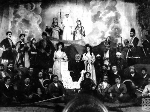 Anniversary evening of Akaki Tsereteli
Kutaisi, 1908
Caption on the photo: "This evening, scenes from Akaki's play "Little Kakhi" were performed by Nino Davitashvili, Iuza Zardalishvili, or Murusidze and Gr. Charkviani.