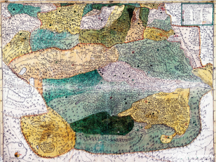 ვახუშტის ატლასი <br>
ქართლის რუკა (მტკვრის სამხრეთით) <br>
Atlas of Vakhushti <br>
The map of Kartli (to the South of Mtkvari) <br>
„ქარტა ქართლისა მტკვრის სამხრეთის კერძოსი. სომხით-საბარათიანოსი და მეფის დროშისა, რომელსა შინა მჩენარებს ჴეობანი თვითვეულად ახალს პოვნილს უფლის ფელეს მენაკსა ზედა. ჩემ მიერ მეფი შვილი ვახუშტისაგან“.