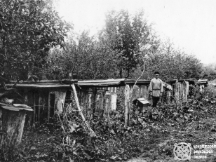 სკები გომბორში, კახეთი<br>
კონსტანტინე ზანისის ფოტო  <br>
1900-იანი წლები  <br>
Beehives in Gombori, Kakheti <br>
Photo by Konstantin Zanis
1900s