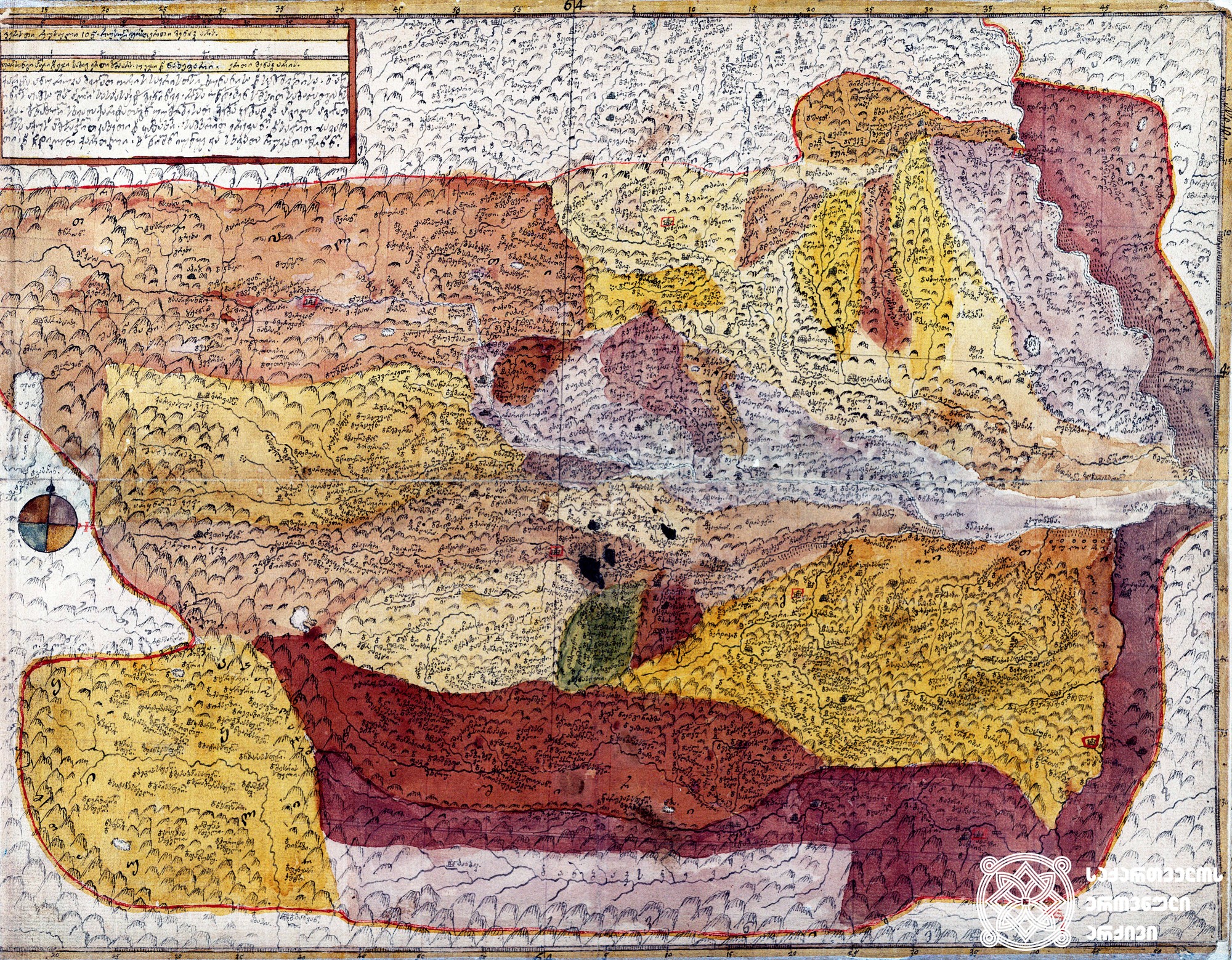 ვახუშტის ატლასი <br>
ხუნანისა და სამშვილდის საერისთავოები <br>
Atlas of Vakhushti <br>
The map of duchies of Khunani and Samshvilde <br>
„ქარტა ანუ რუკა ძველათ ორის საერისთოსი - ხუნანისა და სამშვილდისა, ხოლო აწინდელს ჟამსა შინა პირველი სასპასპეტო მეწინავე, რომელსა უწოდებენ სომხით საბარათიანოსასა, მოხაზული სხვათა ქართატაგან უუმჯობესათ ჴეობა-ჴეობად და ადგილად-ადგილათ, რომელსა აქუს აღმოსავლით კახეთი და ყაზახი, სამხრით ერევანი, დასავლით ჯავახეთი და ჩდილოთ ქართლი. ხოლო ნიშნი იუწყე ვითარცა სხვათა რუკათა შინანი“.