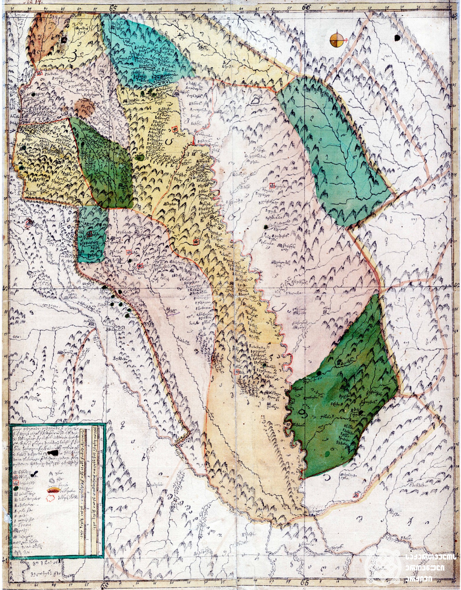 ვახუშტის ატლასი <br>
კახეთისა და ჰერეთის რუკა <br>
Atlas of Vakhushti <br>
The map of Kakheti and Hereti <br>
„რუკა კახეთისა, კუხეთისა და ჰერეთისა და აწ მხოლოდ კახეთად წოდებულისა, რომელსა უმდებარებს აღმოსავლით დაღისტანი, სამხრით ყარაბაღი, ჩდილოთ ღლიღვ-ძურძუკი-ქისტი. და დასავლით ქართლი და ყაზახი, ახალს უფლისა ფელეს პოვნილს მენაკთა ზედა თვისის ეკლესიით, მონასტრით, მთით, მდინარით, დაბნებით, ციხით დიდოეთით, თუშეთით, ჩემ მიერვე მეფიშვილის ვახუშტისაგან“.