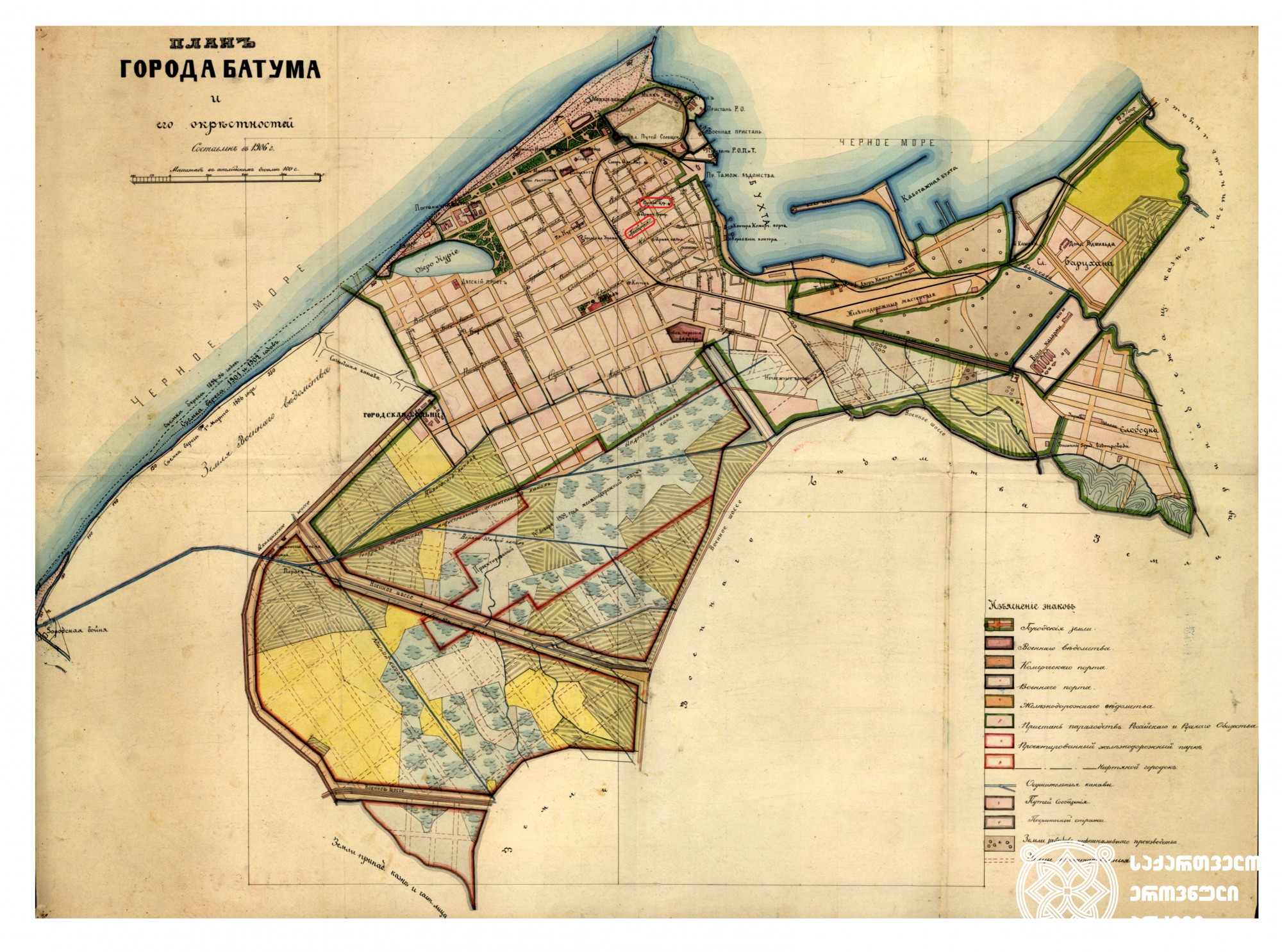 ბათუმისა და მისი შემოგარენის გეგმა. <br>
გეგმაზე დატანილია ბათუმში მდებარე ბერძნული ეკლესია და აღნიშნულია ბერძნის ქუჩა. <br>
1906 წელი. <br>

Plan for Batumi and its surroundings. <br>
The plan includes a Greek church in Batumi and Greek Street. <br>
1906.