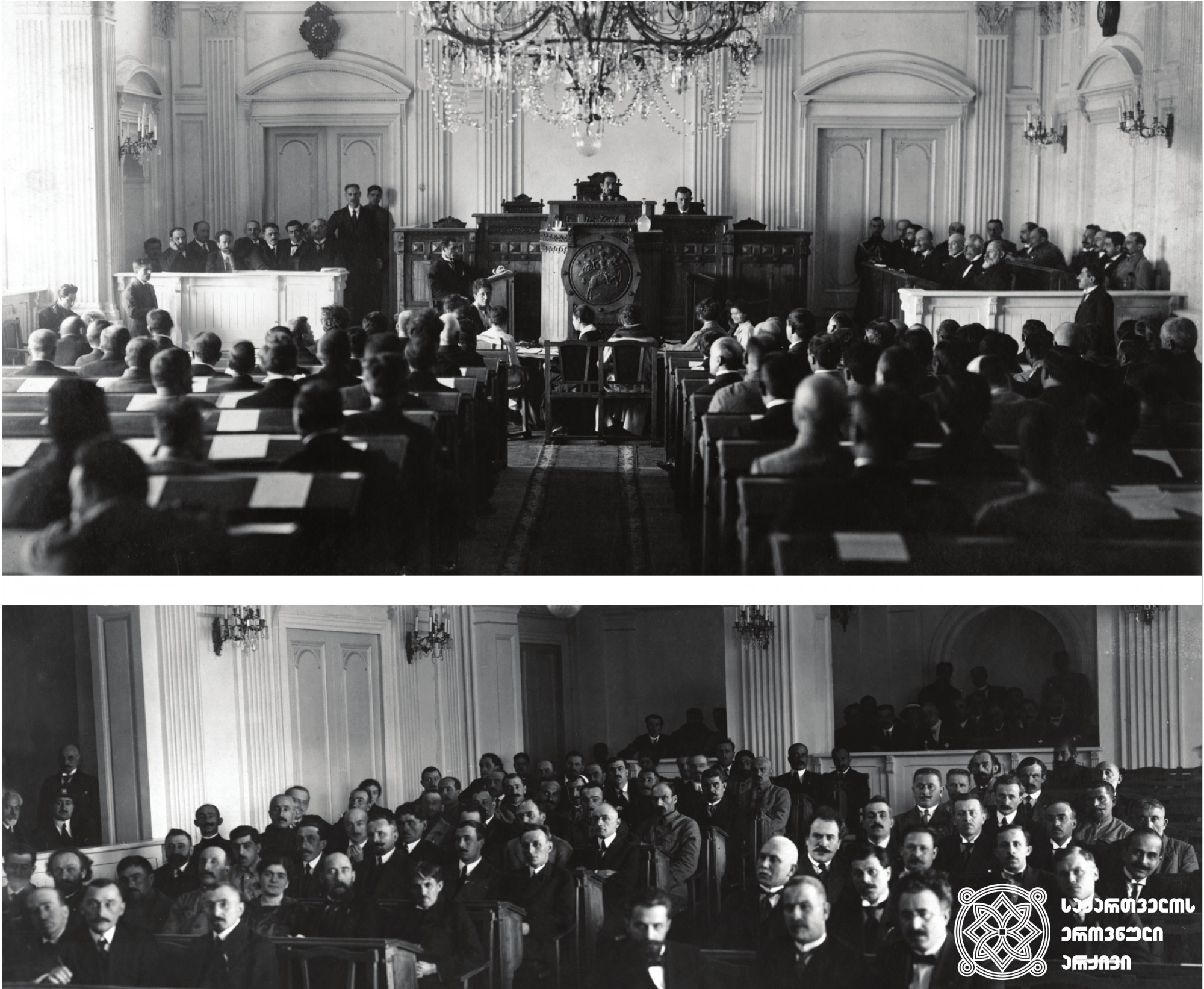 საქართველოს დამფუძნებელი კრების პირველი სხდომა, რომელსაც ამავე კრების წევრი იოანის ფაშალიდისიც ესწრებოდა. <br>
1919 წლის 12 მარტი, თბილისი. <br>
The first sitting of the Constituent Assembly of Georgia. <br>
The session is also attended by Ioannis Passalidis. <br>
March 12, 1919, Tbilisi.