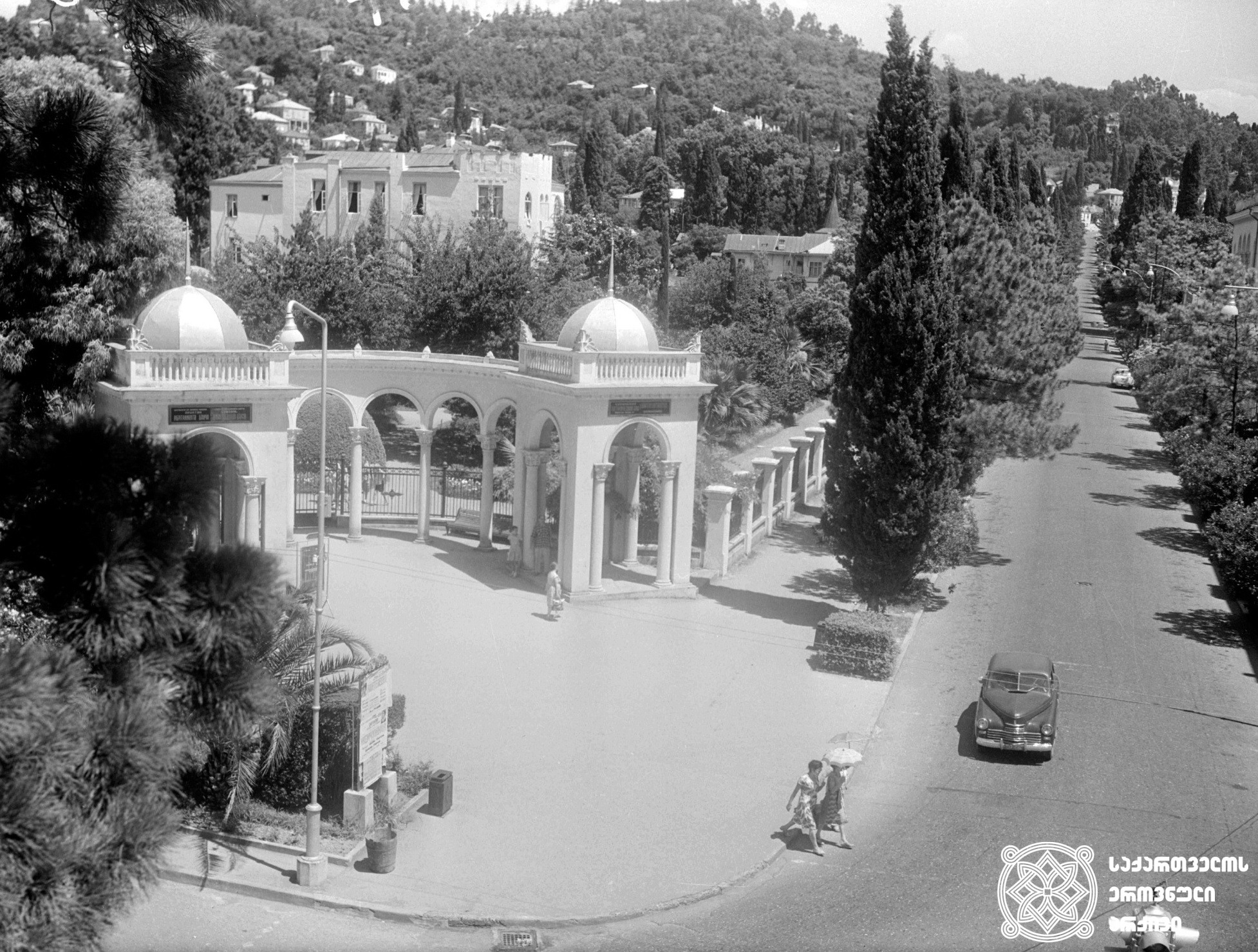 ბოტანიკური ბაღის შესასვლელი და ილია ჭავჭავაძის ქუჩის საერთო ხედი <br>
1963 წელი. ფოტოს ავტორი ივანე დვალი <br>
The entrance to the botanical garden and the general view of Ilia Chavchavadze street <br>
1963. Photo by Ivane Dvali.