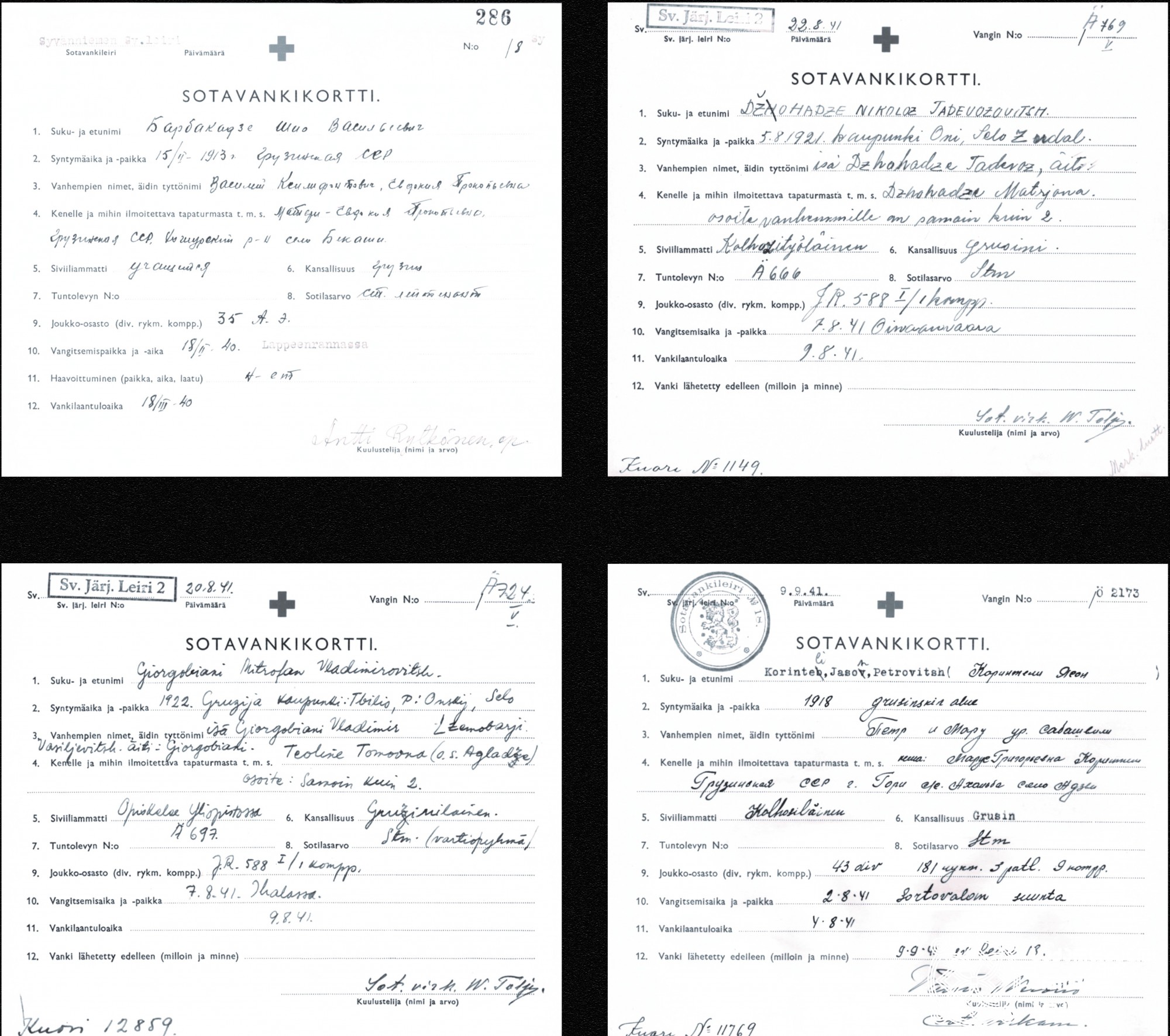 მეორე მსოფლიო ომის დროს ფინეთში ტყვედ ჩავარდნილი ქართველი მეომრების საპატიმრო ბარათები. <br>
დოკუმენტების ელექტრონული ასლები ეროვნულ არქივს ფინეთის ეროვნულმა არქივმა გადასცა. <br>
The prison cards of the Georgian warriors taken captive in Finland during the World War II. <br>
The digital copies of the documents were transferred to the National Archives of Georgia by the National Archives of Finland.